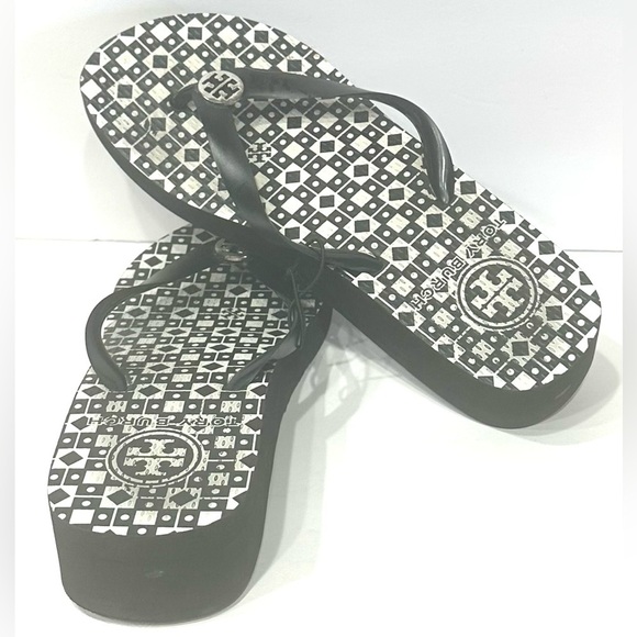 Tory Burch Womens Reva Rubber Flip Flops Black & Gray Logo Womens Wedges - Picture 2 of 11